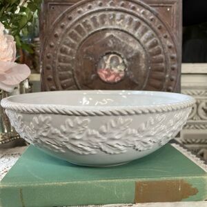 White ceramic stoneware 9” serving bowl leaves botanical raised pattern